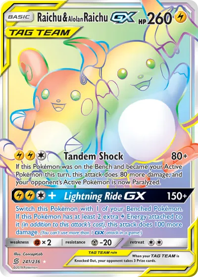 Raichu & Alolan Raichu-GX 241/236 Rainbow Rare from Unified Minds